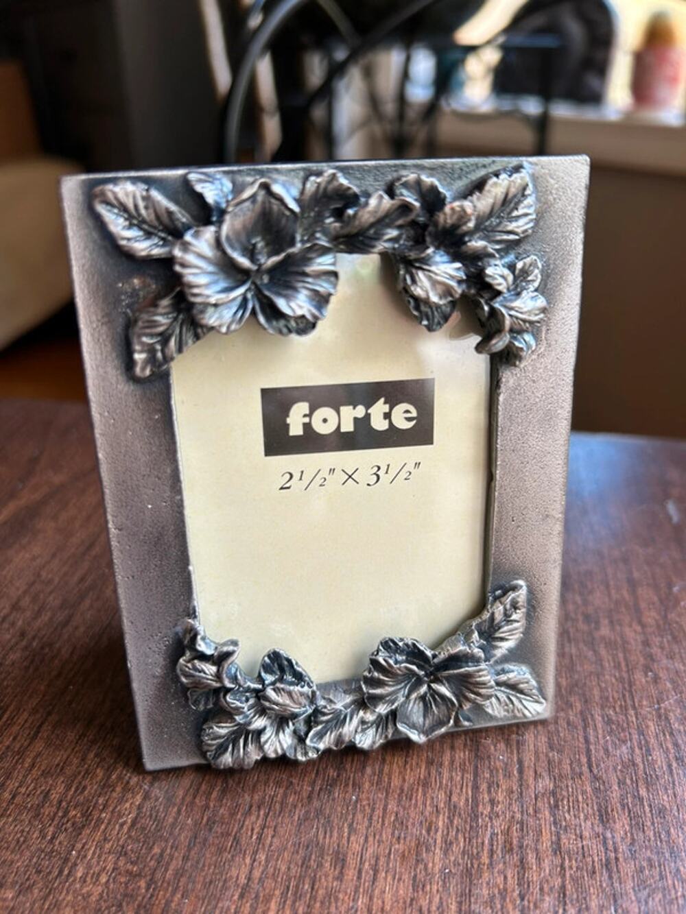 Vintage new Forte brand miniature picture frame floral pewter look